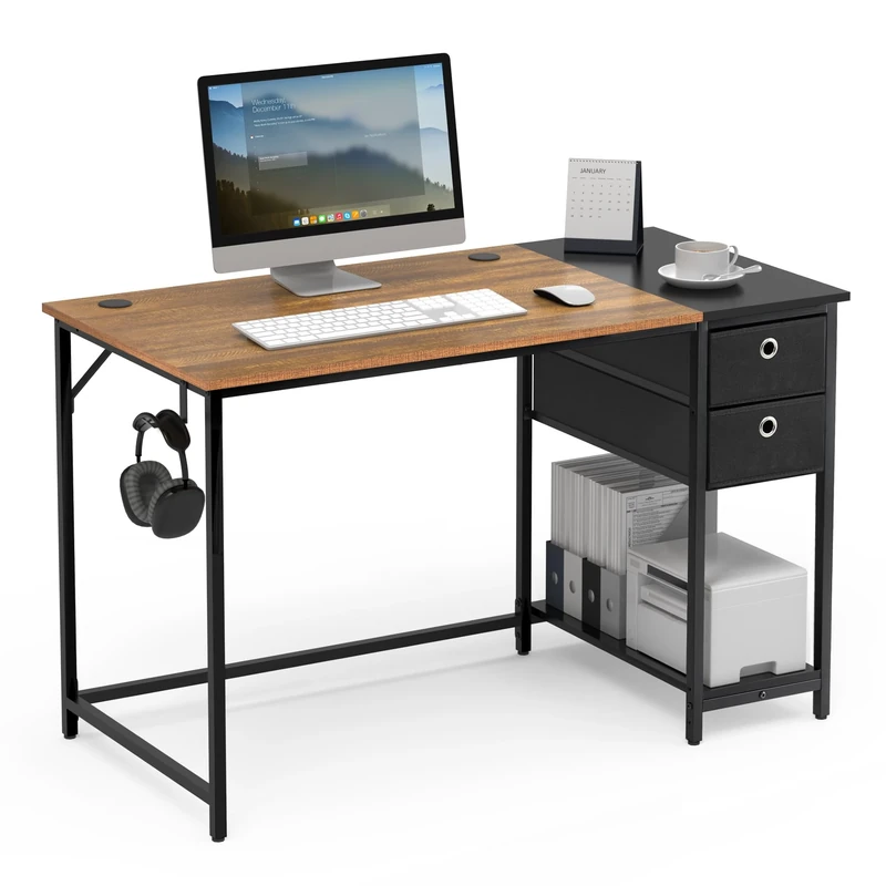 Mondeer Computer Desk, Office Desk with 2 Drawers and Storage Shelf on Left or Right, 120 x 60 x 76cm, Industrial Style, Home Office Workstation Study, Rustic Brown and Black