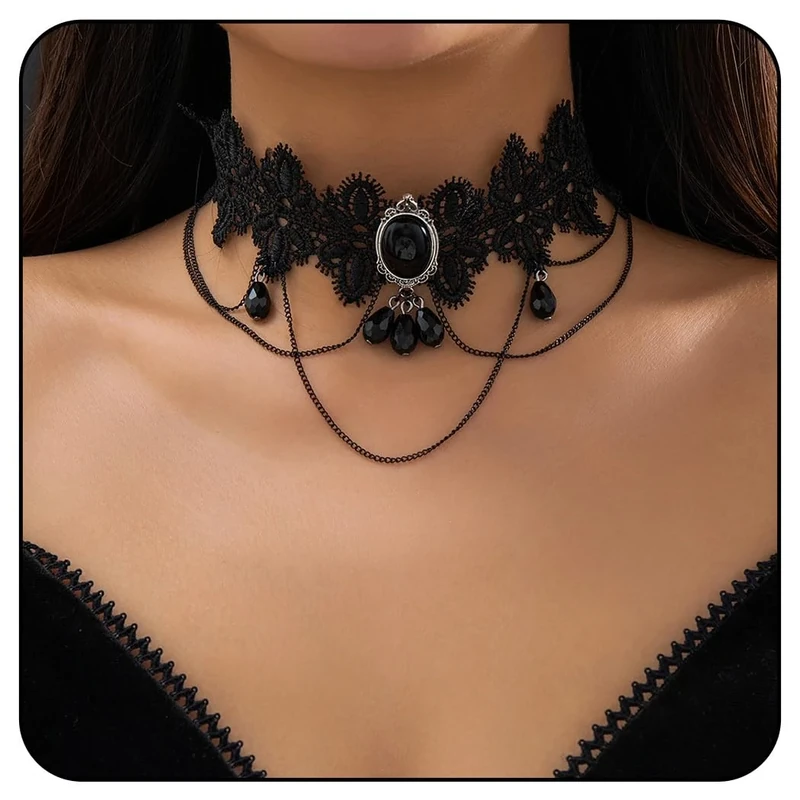 Handcess Gothic Lace Choker Necklace Black Rhinestone Pendant Necklace Hollow Choker Necklaces for Women