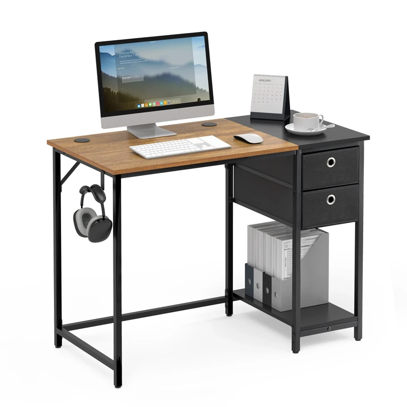 Mondeer Computer Desk, Office Desk with 2 Drawers and Storage Shelf on Left or Right, 100 x 50 x 76cm, Industrial Style, Home Office Workstation Study, Rustic Brown and Black