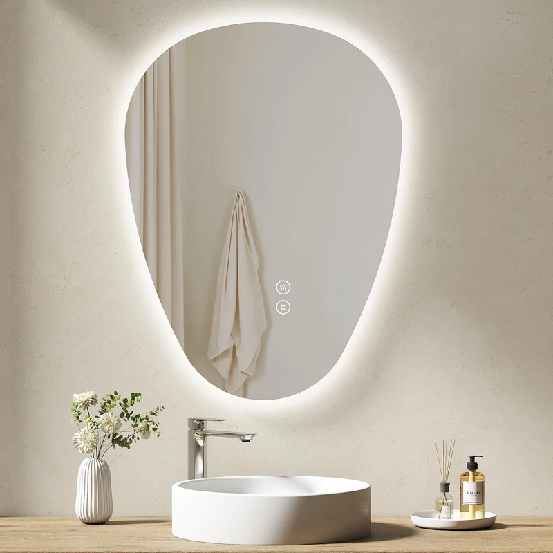 EMKE Bathroom Mirror with Lighting, 60 x 45 cm, Asymmetrical LED Mirror, Touch Switch, 3 Adjustable Light Colours, Anti-Fog Mirror - Image 1