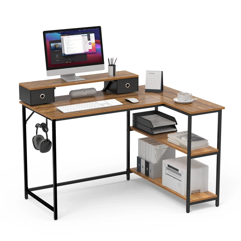 Mondeer L Shaped Desk 120cm, Corner Desk with Storage Shelves Reversible, Removable Monitor Stand with 2 Drawers, Industrial Style for Home Office Workstation Small Space, Rustic Brown