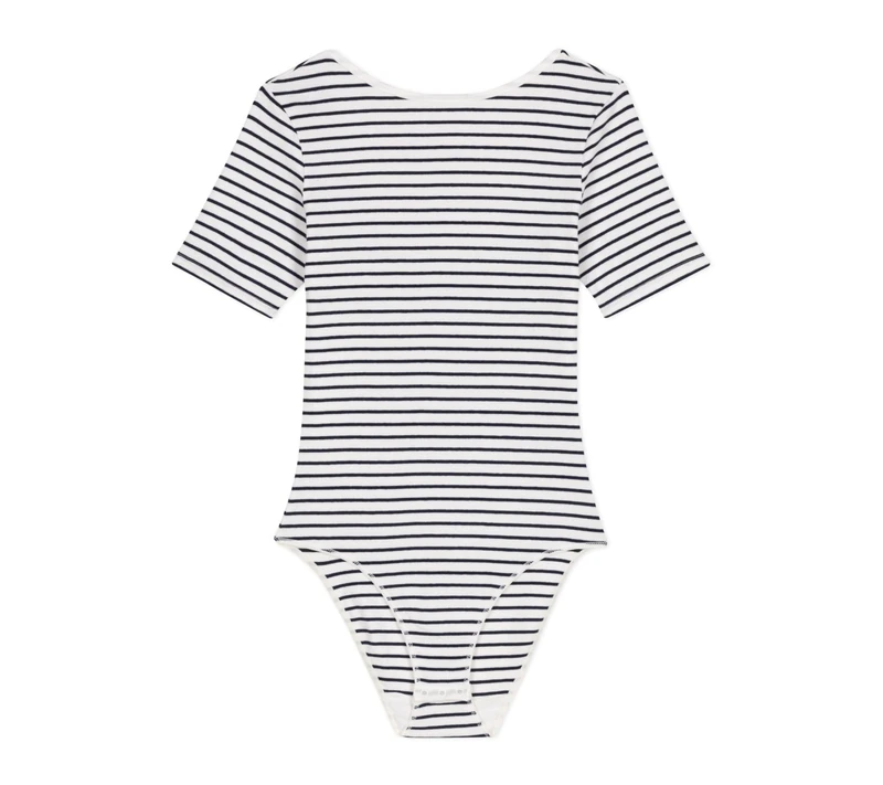 Petit Bateau Women’s A0cry Short Sleeve Bodysuit, White/Blue, XXS - Image 1