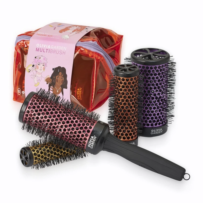 Olivia Garden Multibrush Travel Kit - 4-in-1 Round Brush Set with Interchangeable Barrels - Sizes 25, 35, 45, 55 - Perfect for Great Blowouts & On-the-Go Styling