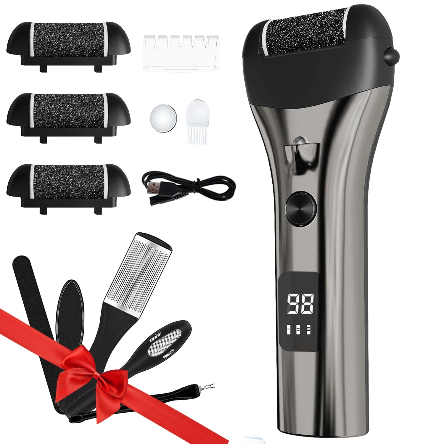 Jooayou Electric Foot File, USB Rechargeable Callus Remover for Feet, Hard Skin Remover & Foot Scrubber, with 3 Pumice Stone Rollers Waterproof Pedicure Set –Used for Removing Dead Skin and Hard Skin