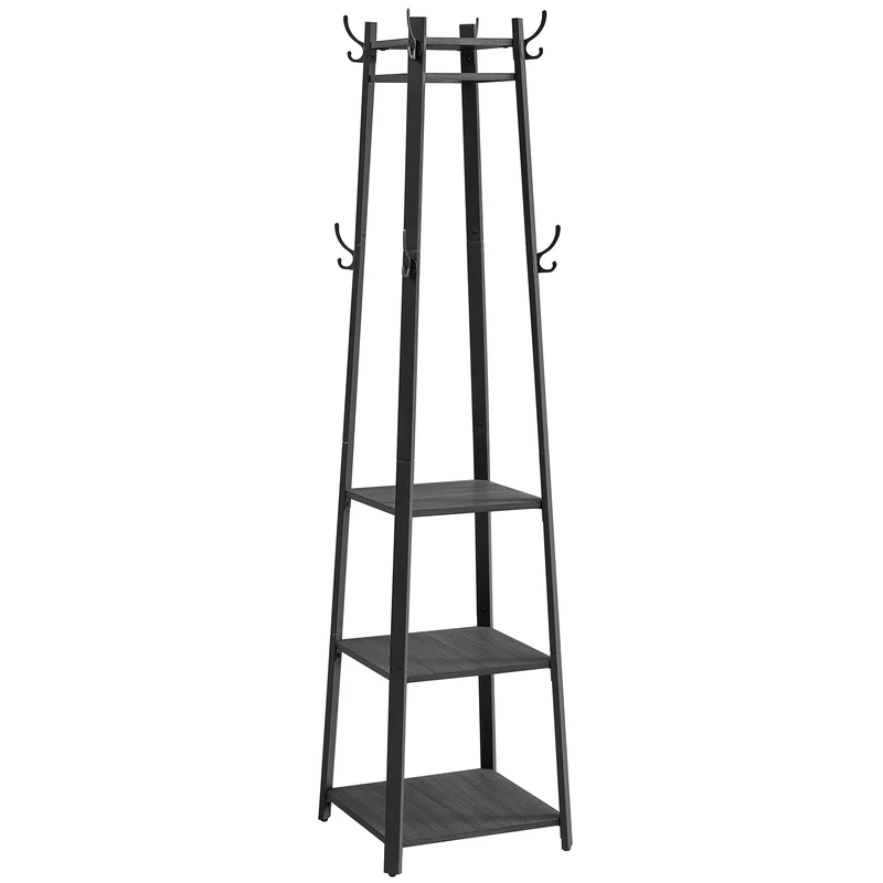 VASAGLE Coat Rack, Coat Stand with 3 Shelves, Hall Tree Free Standing with Hooks for Scarves, Bags, Umbrellas, Steel Frame, Industrial Style, for Entryway, Living Room, Charcoal Gray ULCR080B03