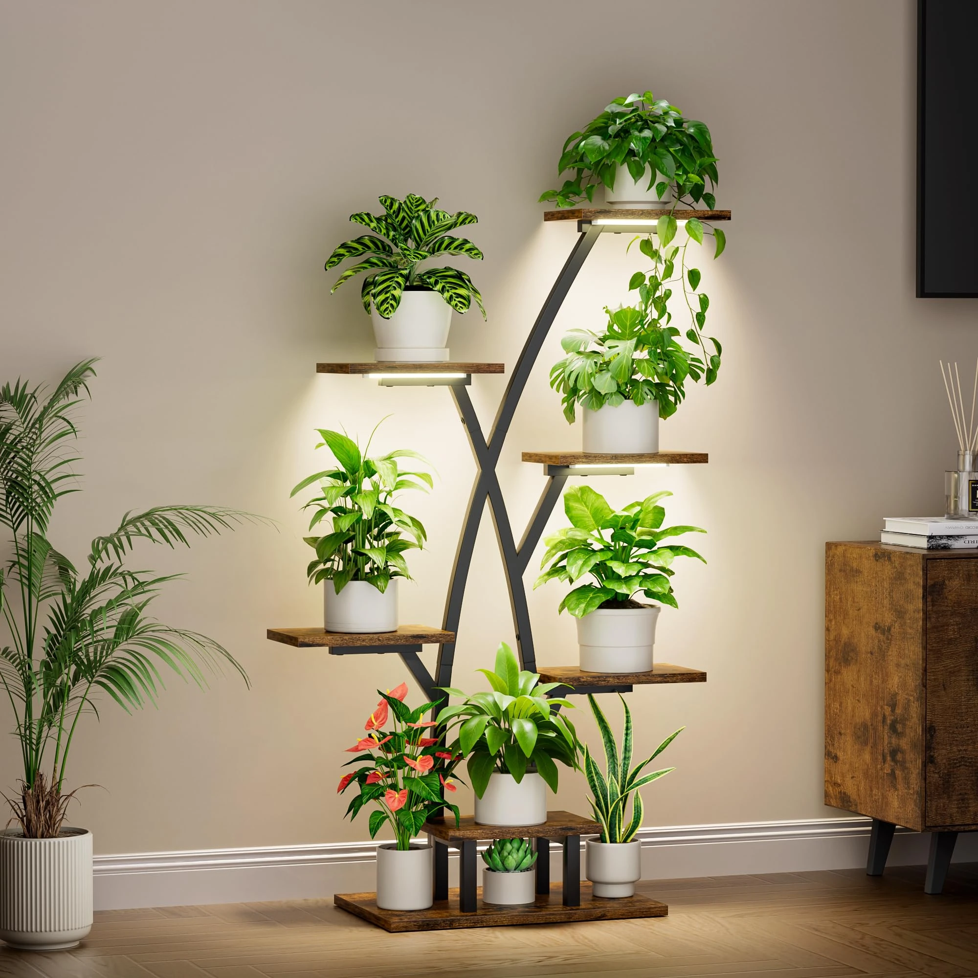 BACEKOLL Indoor Plant Stand with Grow Lights, 7 Tiered Indoor Plant Shelf, 105CM Plant Stand for Plants Multiple, Metal Plant Flower Holder, Plant Rack for Home, Patio, Corner