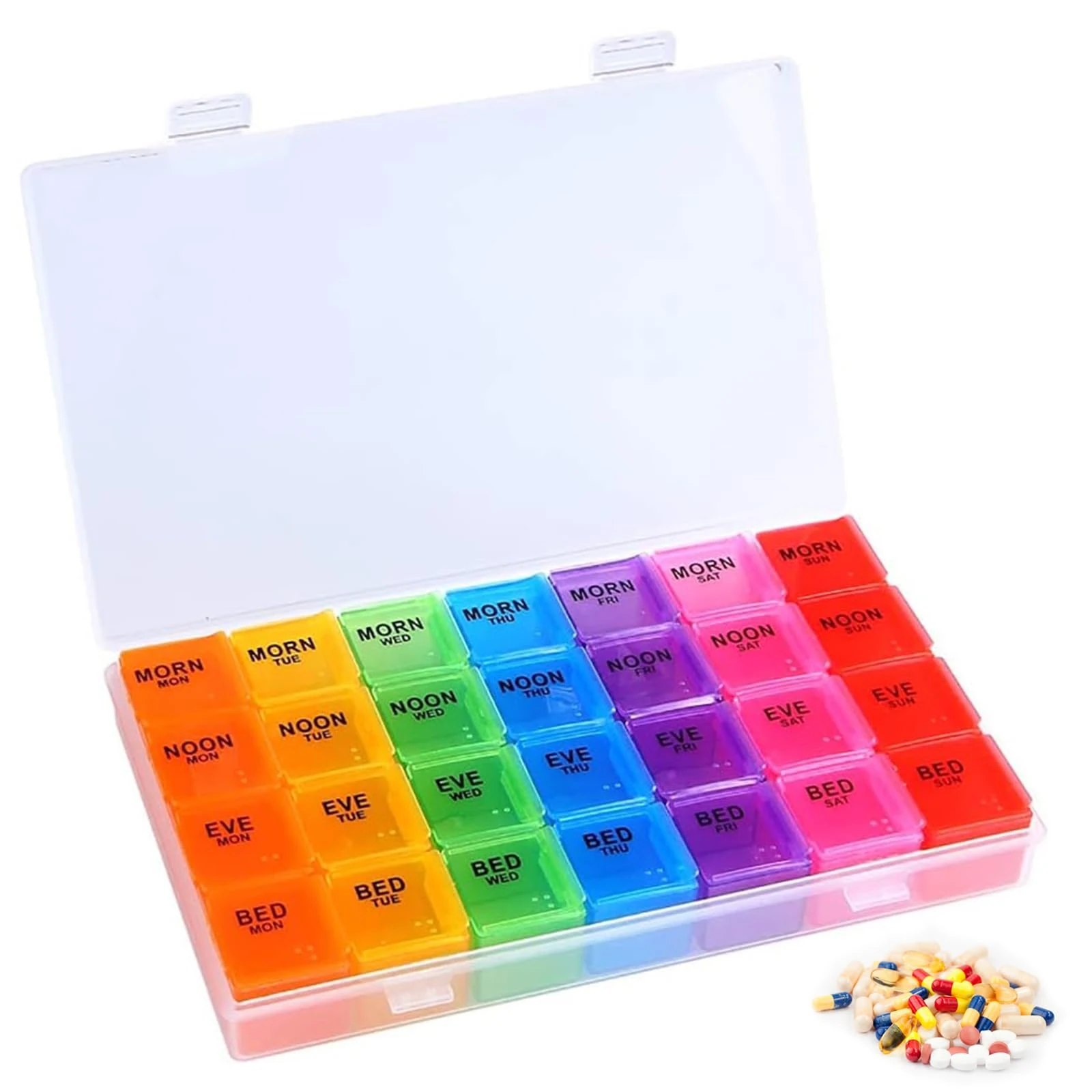 High Capacity Weekly Pill Box/Organiser 7 Day 4 Times A Day, with 28 Copartments to Hold Plenty of Medication, Vitamins and Supplements（Colour）