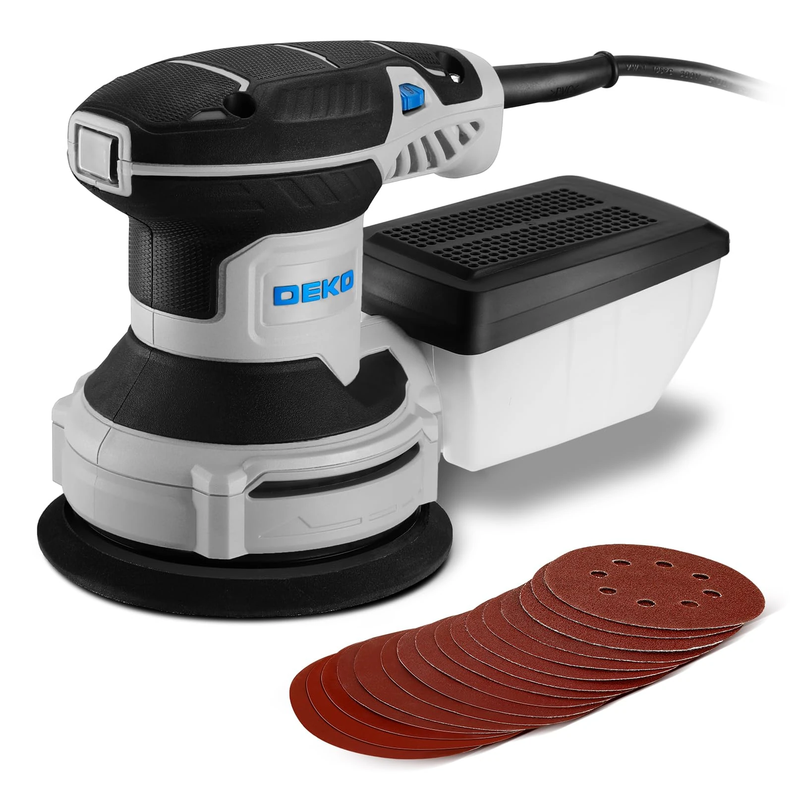 DEKOPRO Random Orbit Sander Electric 300W with 16Pcs Sandpapers, 6 Variable Speed 14000RPM, 125MM Hand Tool, Dust Removal Function, Fit for Woodworking/Sanding