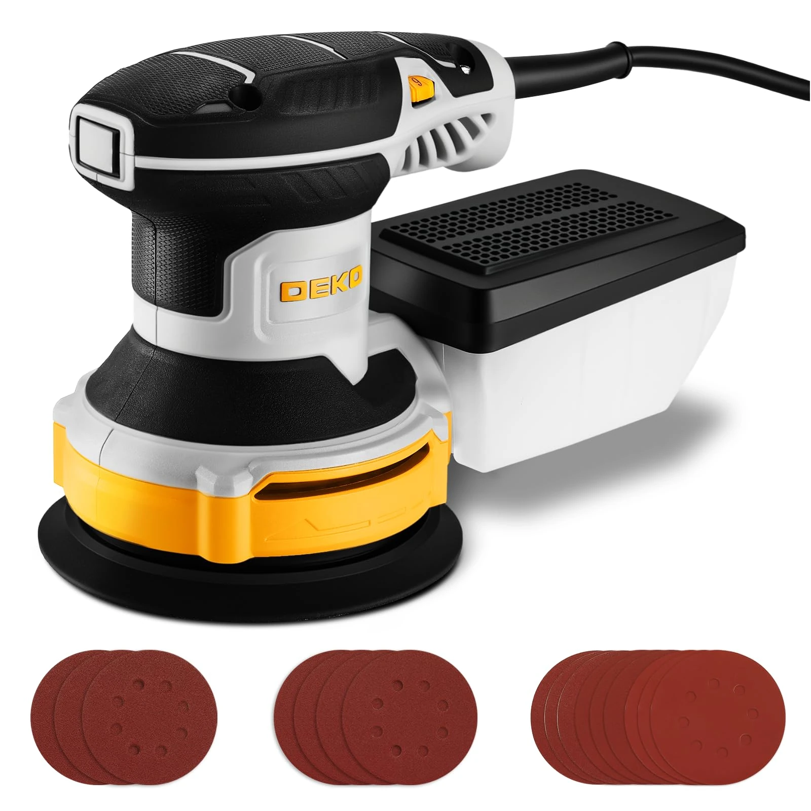 DEKOPRO Random Orbit Sander 300W with 16Pcs Sandpapers, 6 Variable Speed 14000RPM, 125MM Hand Electric Tool, Dust Removal Function, Fit for Woodworking/Sanding
