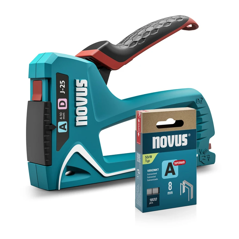 NOVUS TOOLS Hand Stapler J-25 Set Including 1800 Staples │ Small Universal Stapler for Wood with Metal Housing and Soft Grip │ for Fine Wire and Flat Wire Staples from 4 to 10 mm