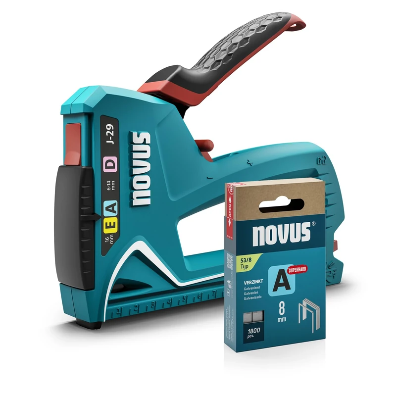 NOVUS TOOLS Hand Stapler J-29 Set Including 1800 Staples │Professional Universal Stapler for Wood with Metal Housing and Soft Grip │ for Fine Wire and Flat Wire Staples from 6-14 mm and Nails 16 mm