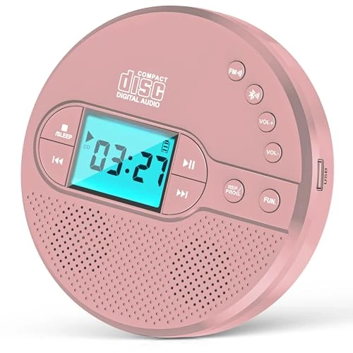 2000mAh Rechargeable Discman CD Player with Bluetooth FM Transmitter,Headphones,LCD Screen,AUX,Built-in Speaker,USB-Portable Personal CD Player Anti-Skip Protection for Car (Pink)