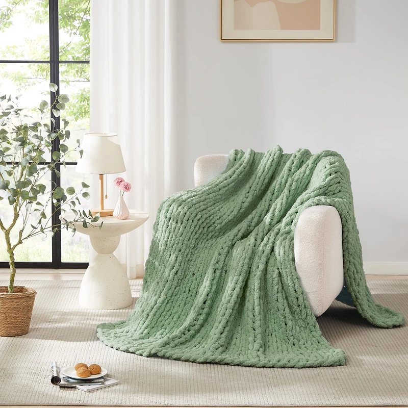 L'AGRATY Chunky Knit Throw Blanket for Couch, 72 x 84 Inches, Sage Green
