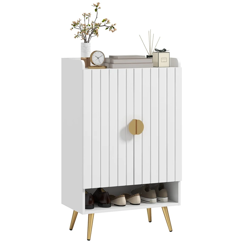 HOMCOM Modern Shoe Cabinet, 2 Doors, Open Shelf, Adjustable Shelves, White