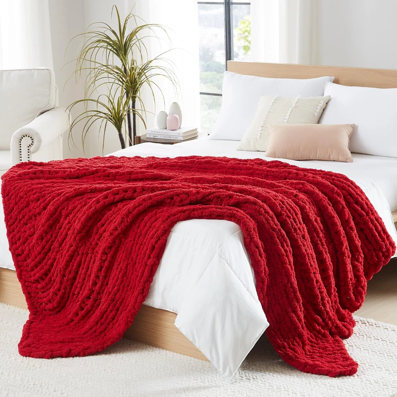 L'AGRATY Chunky Knit Throw Blanket for Couch, 80'' x 90'' Knit Throw, Red