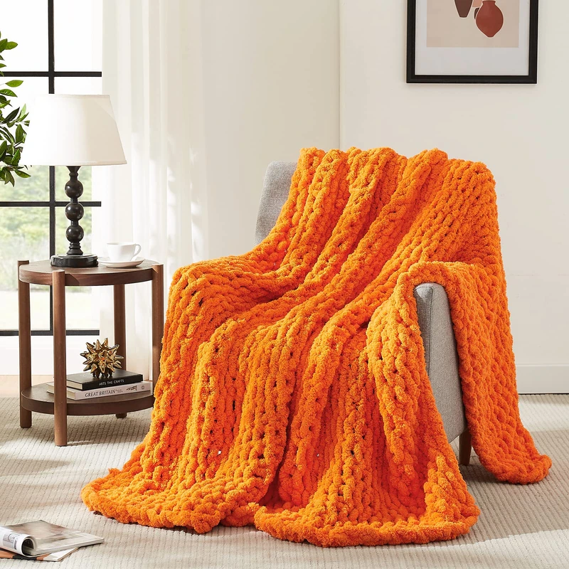 L'AGRATY Chunky Knit Throw Blanket for Couch 80'' x 90'' Knit Throw, Orange