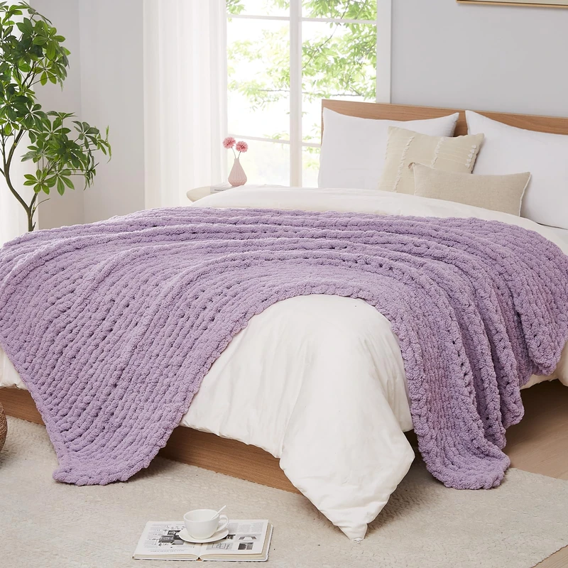L'AGRATY Chunky Knit Throw Blanket for Couch, 80'' x 90'' Knit Throw, Purple
