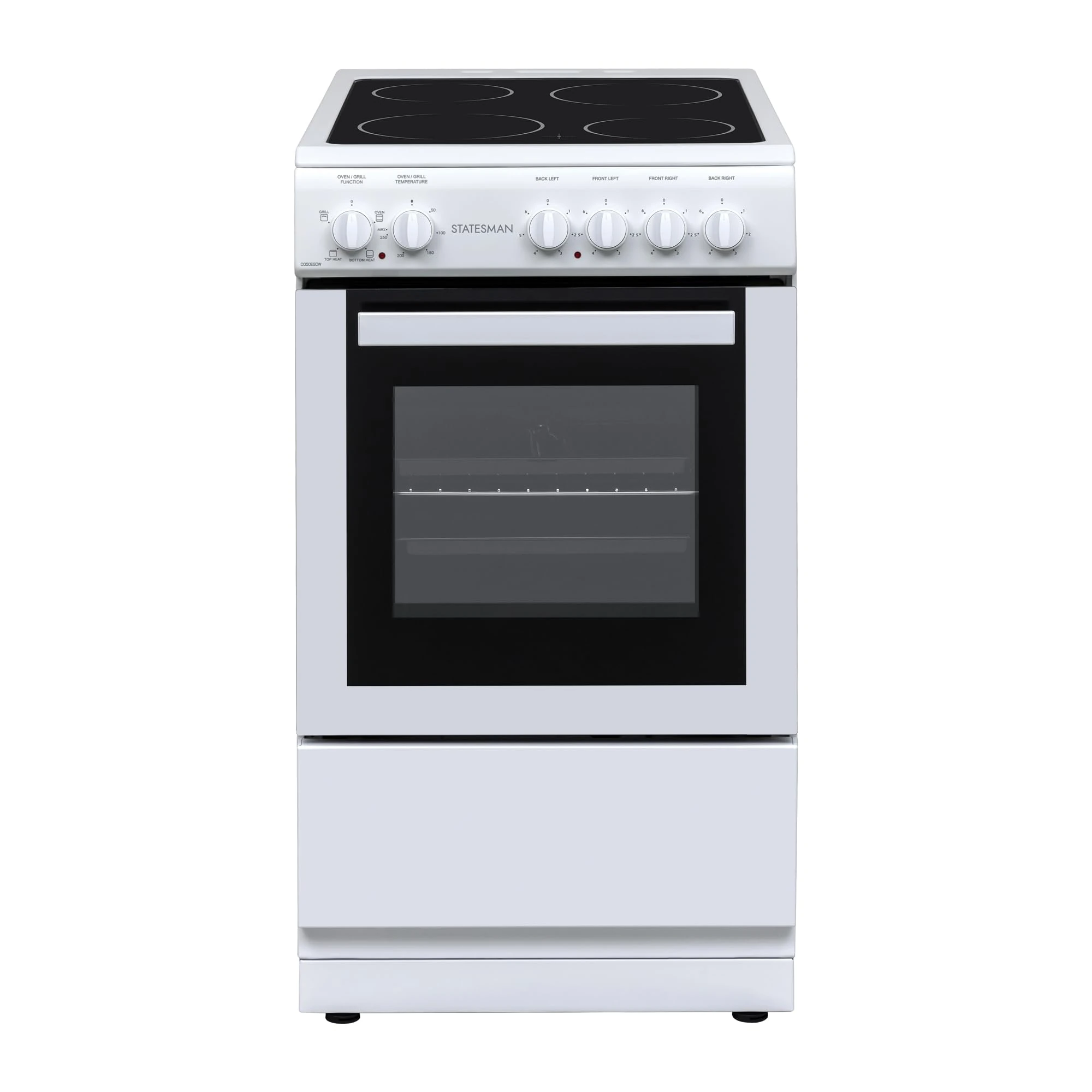 Statesman C050ESCW Freestanding Single Cavity Electric Cooker With Ceramic Hob, 50 cm, 4 Hot Plates, Easy Clean, Adjustable Hight, White