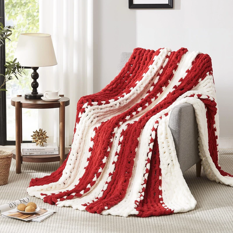 L'AGRATY Chunky Knit Throw Blanket for Couch, 72 x 84 Inches, Red White