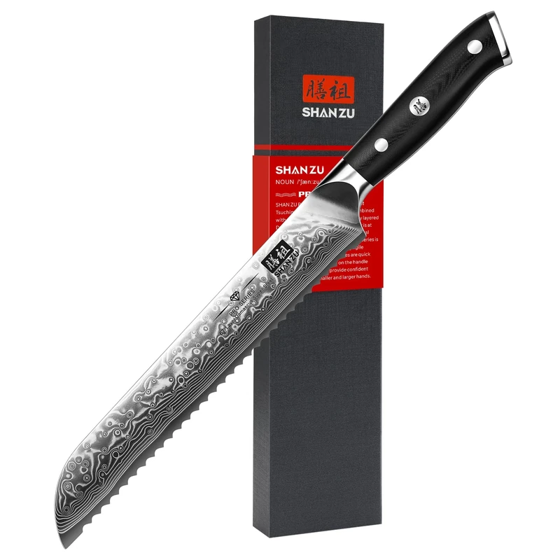 SHAN ZU Damascus Bread Knife, 67 Layers of Japanese Damascus Steel, 20CM Cake Knife, Ergonomic G10 Handle - PRO Series