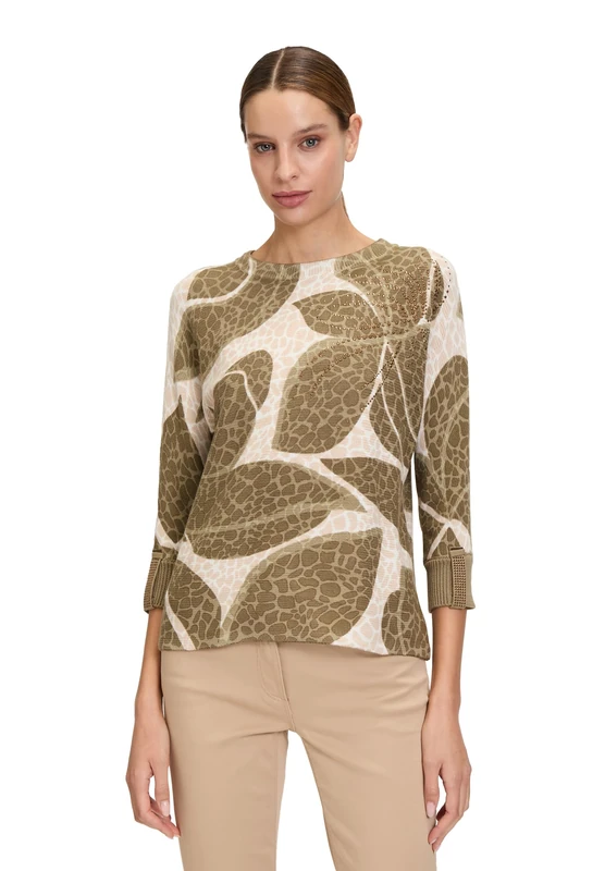 Betty Barclay Women's Knitted Jumper with Print, Khaki/Natural, 14