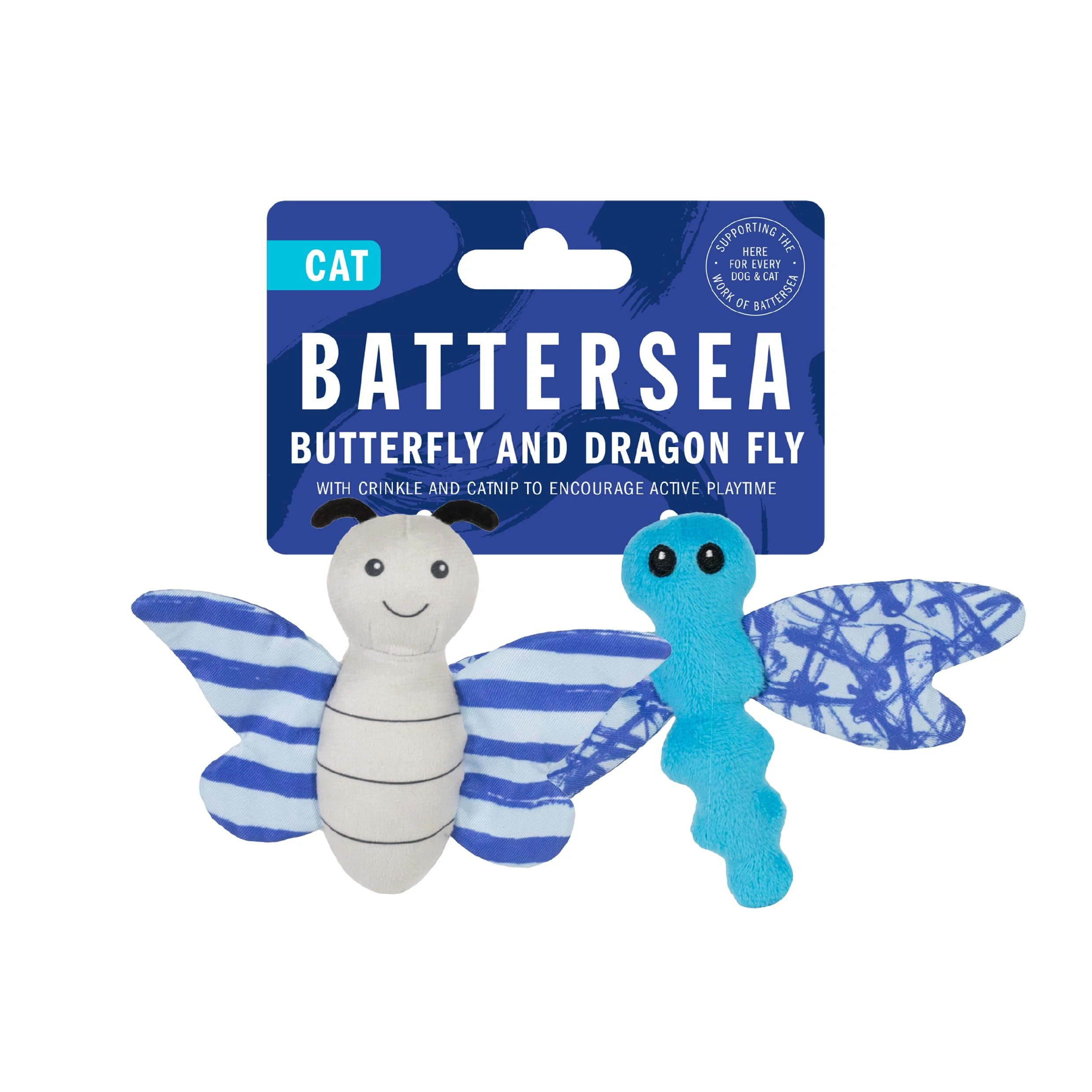 Rosewood Battersea Butterfly and Dragonfly Duo Cat Toys, Catnip Toys, 2PC Cat Toys with Battersea Prints, Crinkle and Plush Toys for Cats, Blue