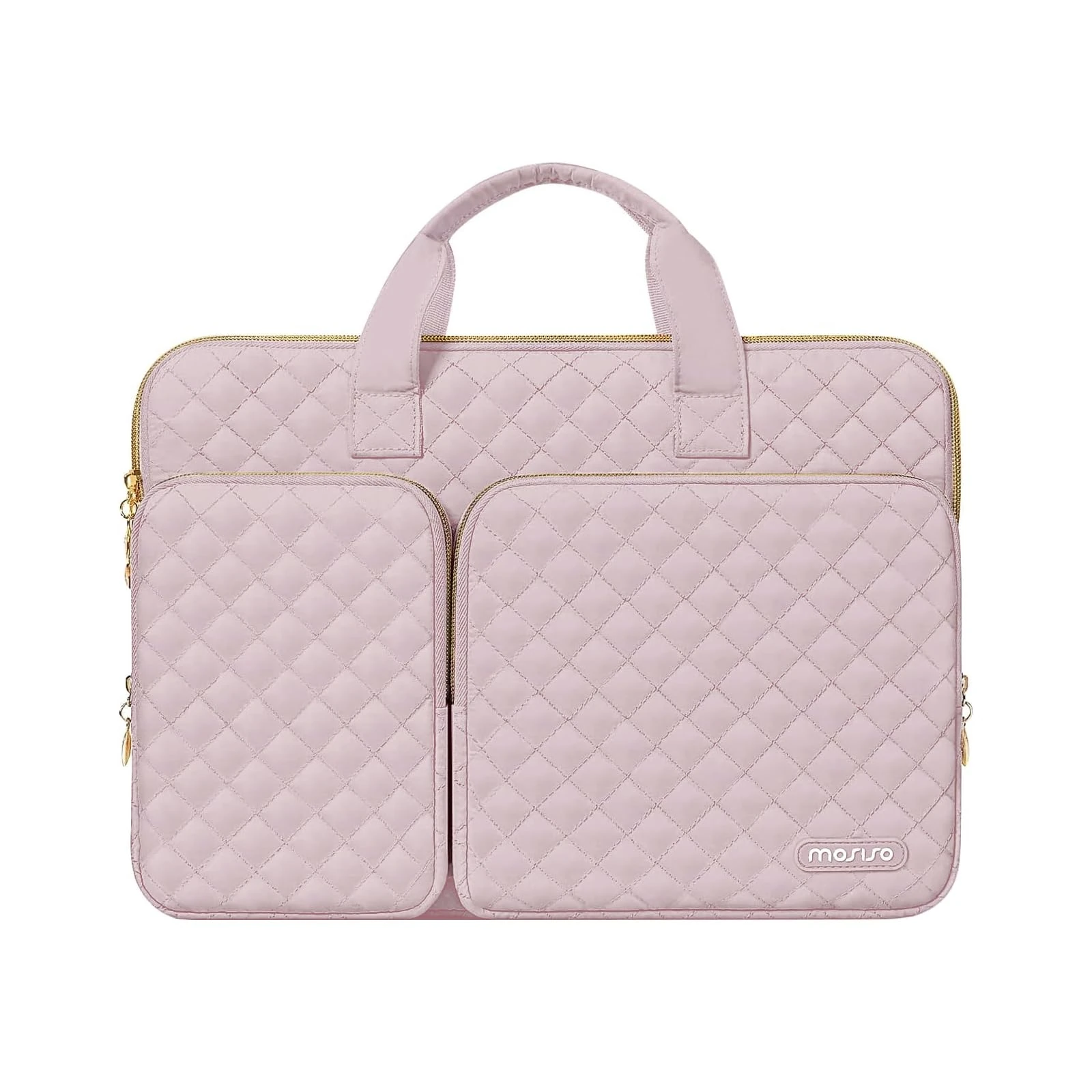 MOSISO 360 Protective Laptop Case 13.3 inch, 13-13.3 inch Laptop Sleeve Compatible with MacBook Air/Pro 13/Pro 14,HP Dell ASUS Lenovo, Square Quilted Bag Cover with 2 Pockets&Handle&Belt, Pink