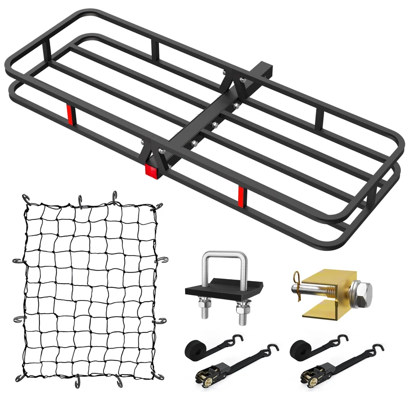 Wildroad Hitch Cargo Carrier Basket 53.1" x 18.9" x 4.9" 500 LBS Trailer Hitch Cargo Carrier Fits 2" Receiver with Hitch Stabilizer, Fastener for No-Wobble, Cargo Net and 2pcs Ratchet Straps