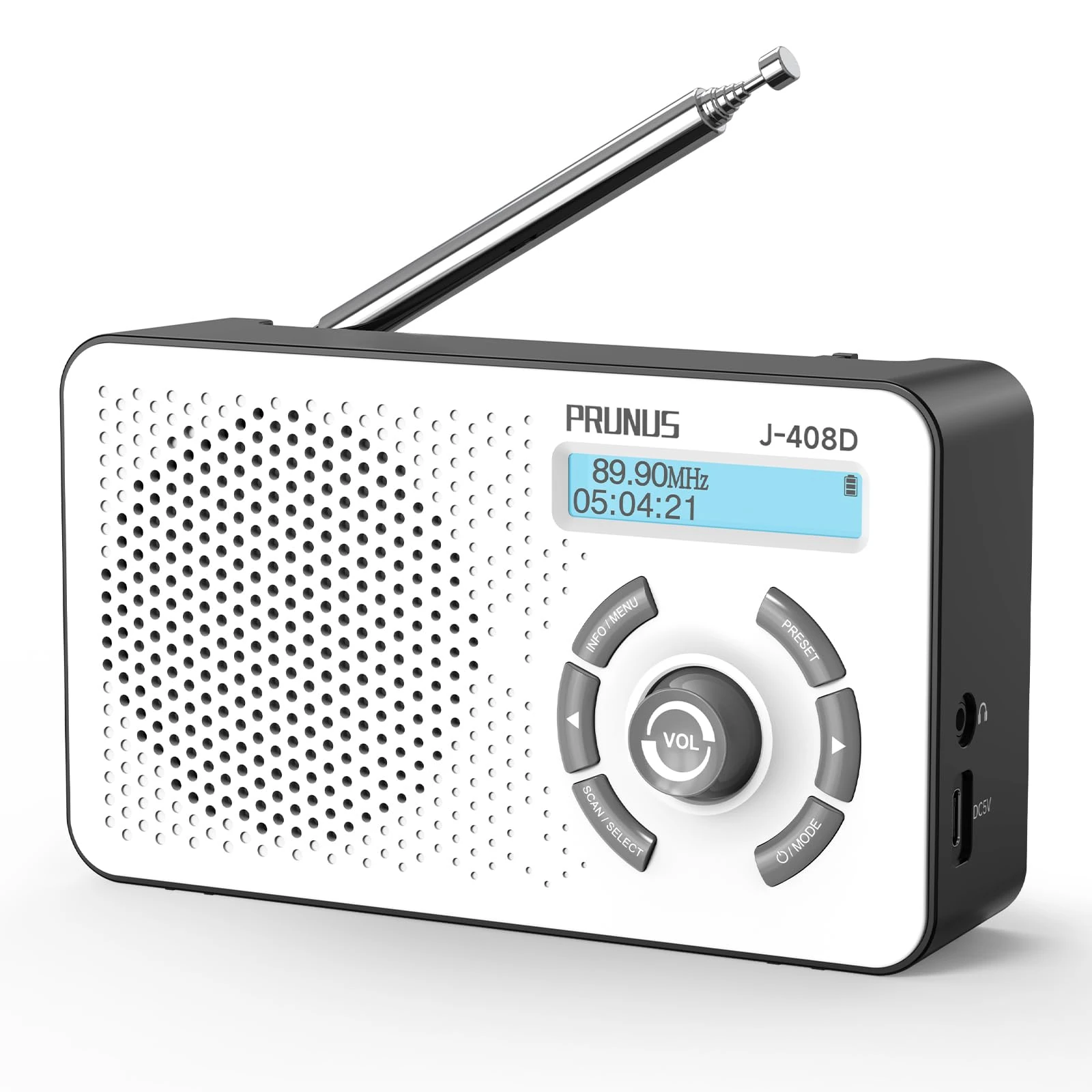 PRUNUS J-408 DAB Radio Portable, DAB Plus Digital Radio with Bluetooth, 2000mAh Rechargeable Battery Powered FM Radio, Battery Radio, 40 Presets Stations, Dual Alarms Clock, Sleep Timer,Headphone Jack