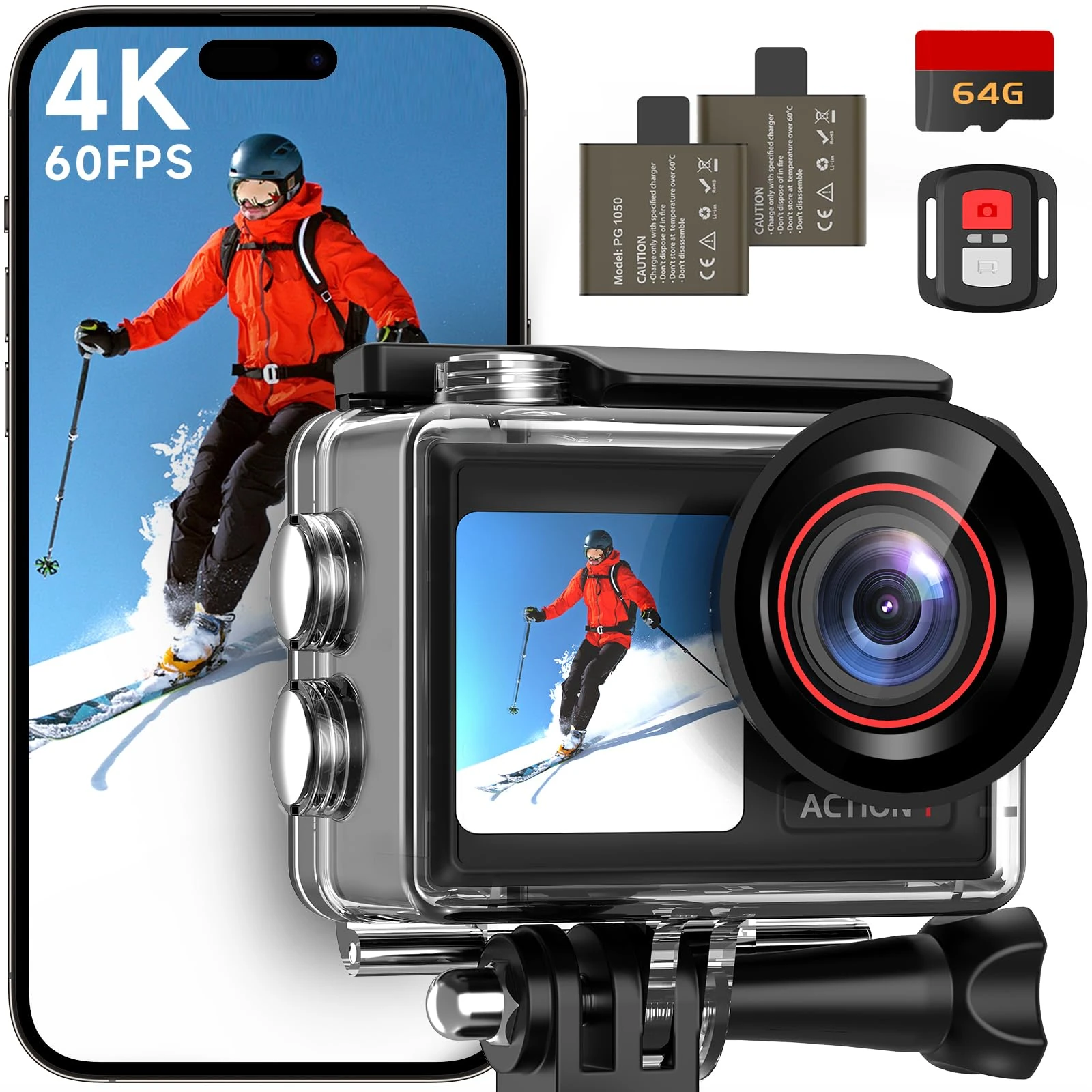 syndesmos Action Camera 4K 60FPS, 40M Ultra HD Underwater Camera, 30MP EIS Anti-Shake WiFi Action Cam with Dual Touch Screen, 64GB Card, Remote Control, Waterproof Case and Mounting Accessories Kit