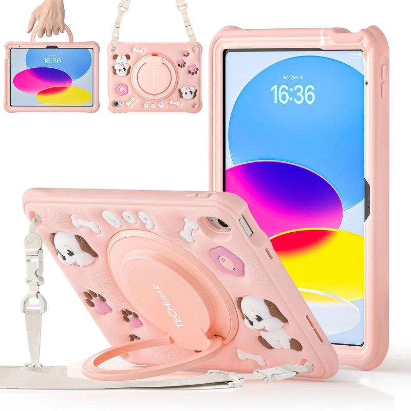 TECHGEAR BubblyToons Puppy Dog Case for iPad 11" A16 (11th Gen 2025) & 10.9" (10th Gen 2022) Cute Shockproof Kids iPad Case with 360 Stand, Ring Grip, Soft Silicone Body, Ideal for Schools & Families