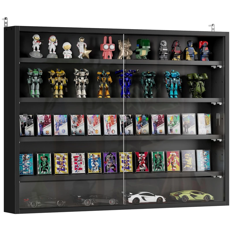 HOMCOM Display Case for Wall Display Collection 80 x 9.5 x 60 cm with 4 Height-Adjustable Shelves and 2 Sliding Glass Doors, for Collecting Figures and Miniature Cars, Black