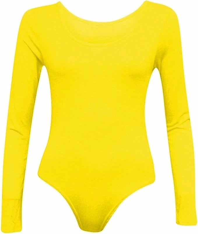 ANZEE Womens Leotard Ladies Round Neck Long Sleeve Plain Stretch Bodysuit For Girls Shapewear Thong Sculpting Body Shaper Jumpsuit Ballet Dance Gymnastics Long Sleeve Leotard (Neon Yellow, One Size)