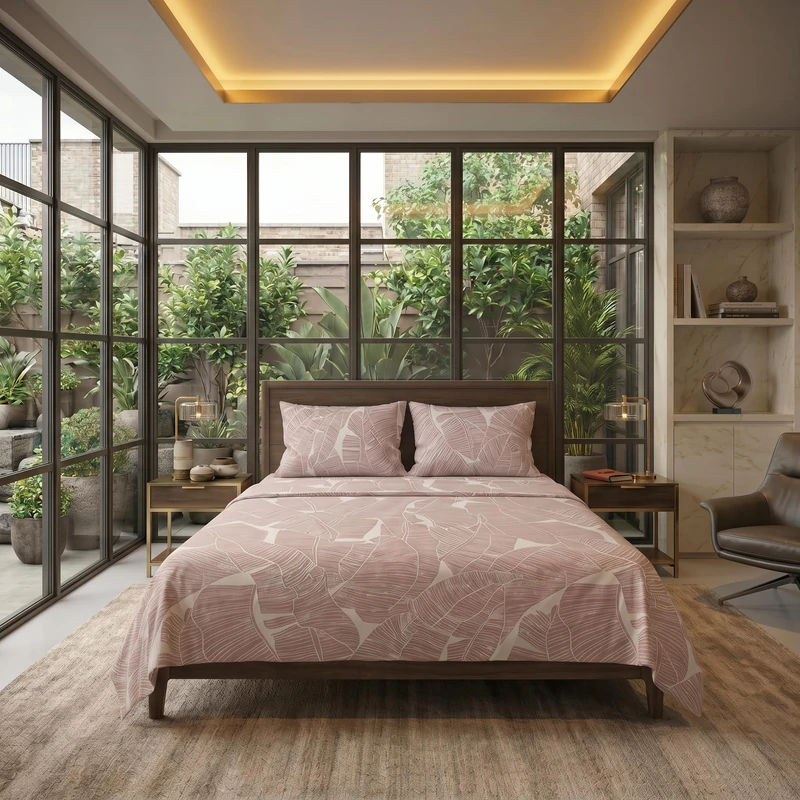 SWEET HOME Guzzini Botanical Double Bed Set Double Bed Sheets 100% Organic Cotton 240 x 280 cm + Double Fitted Sheet 180 x 200 cm + 2 Pillow Cases Bed 50 x 80 cm