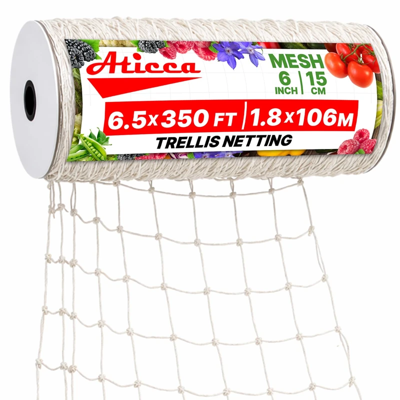 Trellis Netting 6.5 x 350 ft Heavy Duty Polyester Plant Support Netting White - 6 Inch Garden Rope Trellis on Roll - Mesh Twine for Growing Vine Climbing Plants, Flowers, Peas, and Tomatoes.