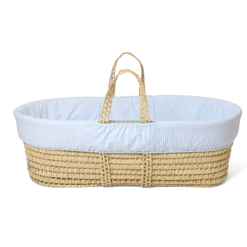 Clair de Lune Stripe Palm Moses Basket with Bedding 75 x 28 cm (Blue)