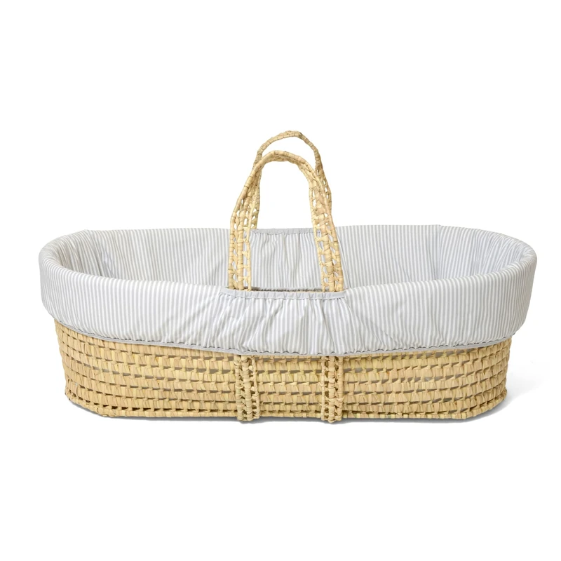 Clair de Lune Stripe Palm Moses Basket with Bedding 75 x 28 cm (Grey)