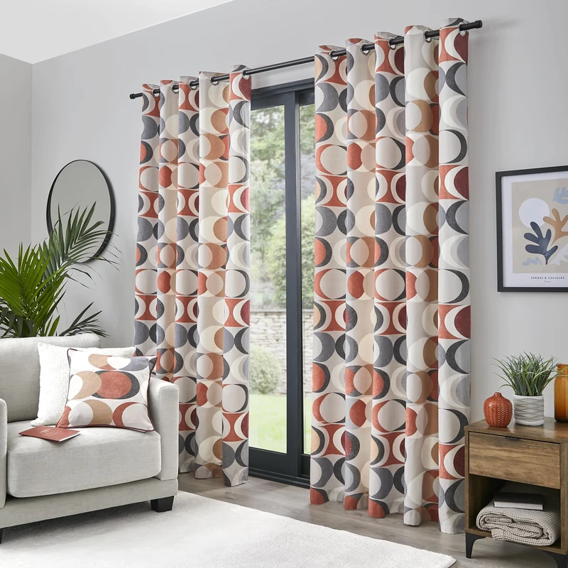Fusion Terracotta Eyelet Curtains – W66 x L72 (168x183cm) – 2 Panels – 100% Cotton – Retro Geometric Circle Print – Spice Orange Window Drapes – Mid-Century Style – Crescent Design
