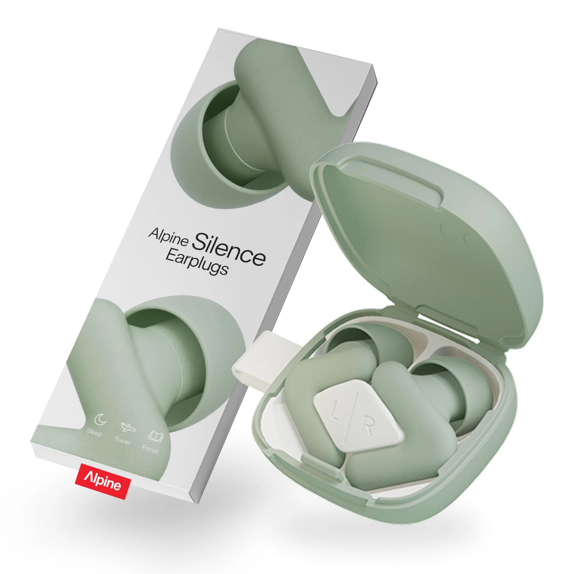 Alpine Silence Ear Plugs for Sleep, Focus & Travel - Comfortable, Travel Essential, Noise Cancelling Ear Plugs, V-Shape Snug Fit & Soft Oval Tips, 4 Sizes XS/S/M/L, Reusable - Green