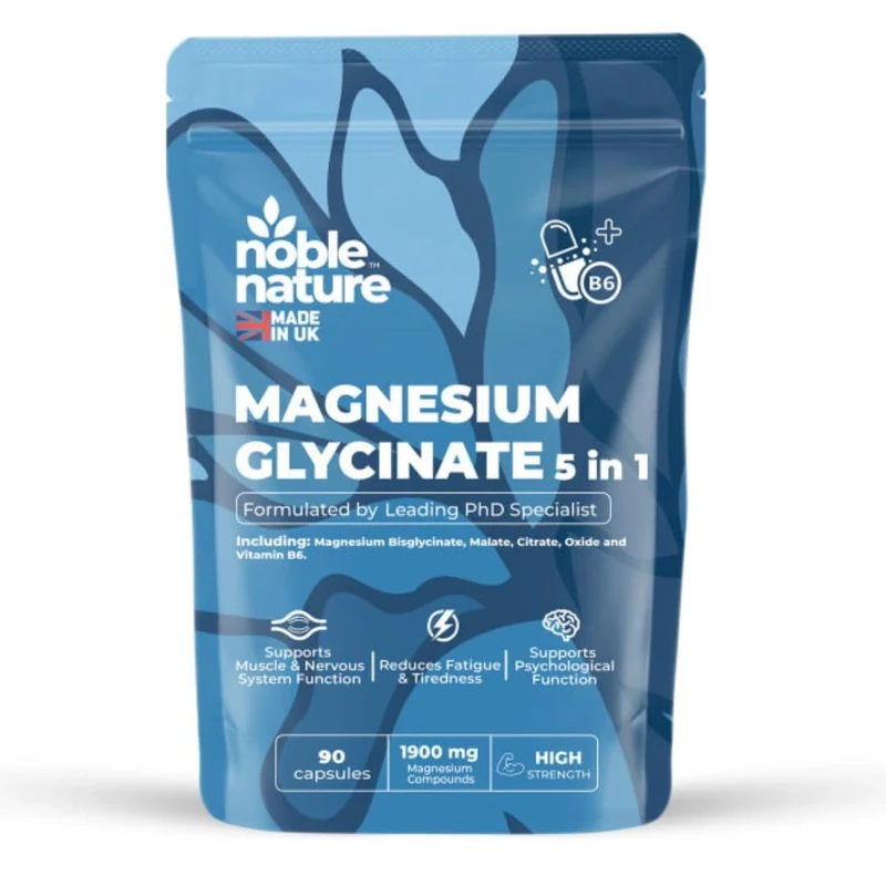 Magnesium Glycinate 5-in-1 Complex Formulated by PhD Expert High Strength 1900mg Supplements as Bisglycinate, Malate, Citrate, Oxide & Vitamin B6-90 GMO Free Capsules, 384mg Elemental, UK Made (90)