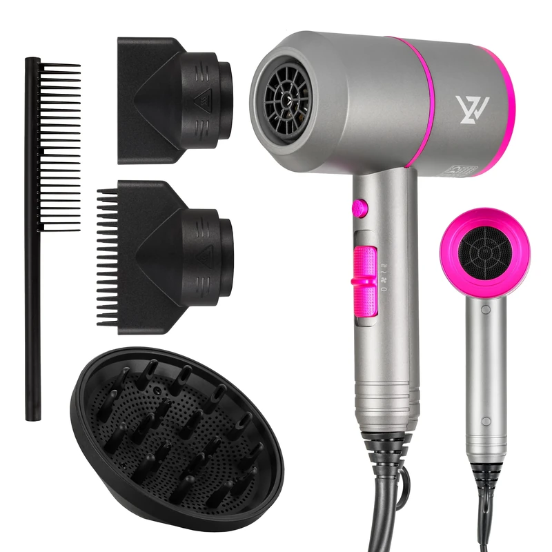 WZ Hair Dryer – 2000W Ionic Fast-Dry with Diffuser & 2 Styling Nozzles, 3 Heat & 2 Speed, Cool Shot – Smooth, Frizz-Free Hair for Men & Women (Rose Pink)