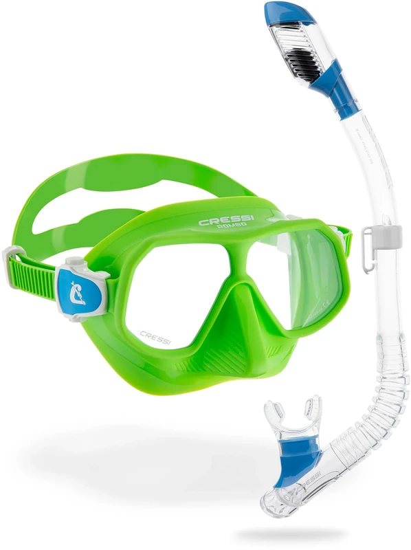 Cressi Rombo + Mini Dry Combo Lime Azure/Clear Blue - Junior Combo Set, Mask Rombo and Mini Dry Snorkel, Lime Azure/Transparent Blue, One Size