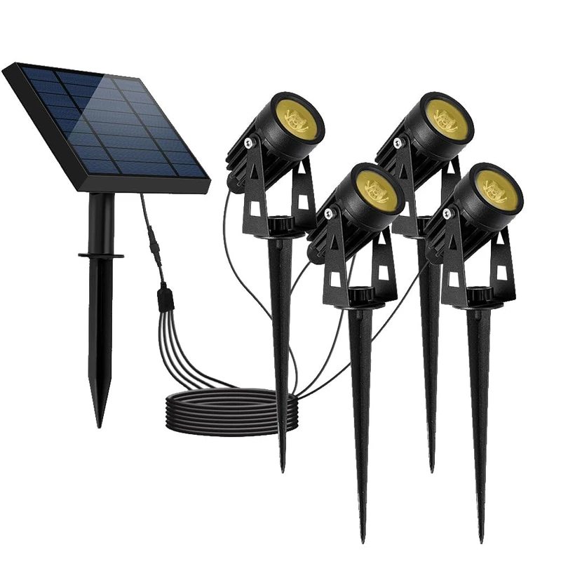 Lumisky Four Solar spotlights Connected with 4 in 1 Remote Solar Panel to be staked or Fixed Powerful Lighting LED Warm White 4X Roundy Warm H27 cm