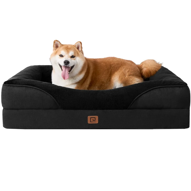 EHEYCIGA Memory Foam Dog Beds Large, Orthopedic Dog Beds Sofa with Sides and Waterproof Liner, Pet Couch with Washable Removable Cover and Non-Slip Bottom, 91x68x17cm, Black