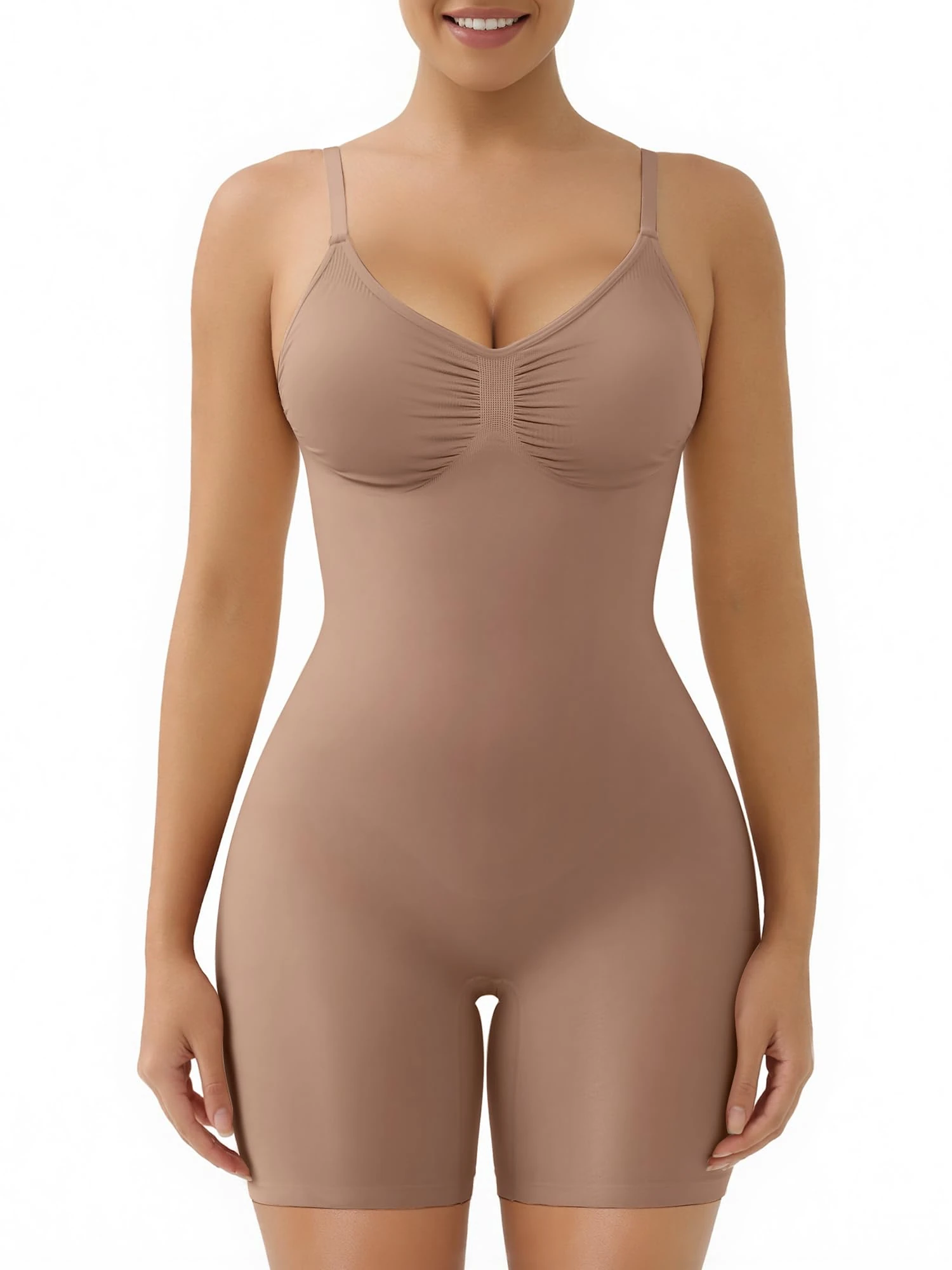 SHAPERX Body Shaper for Women Mid Thigh Shapewear Seamless Compression Bodysuit with Removable Pads, UK-SZ5468-Sienna-XS