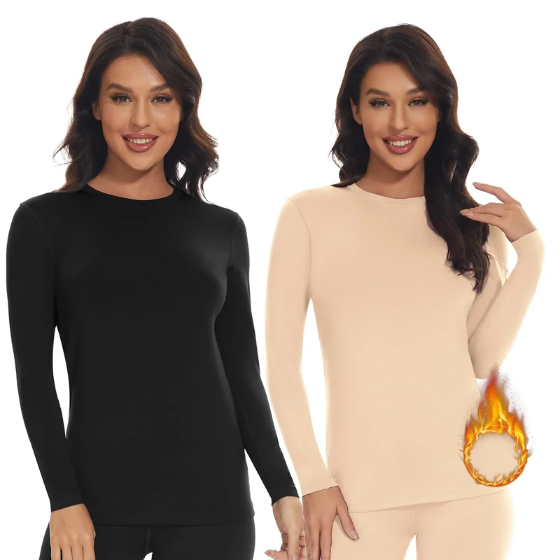SIMIYA Thermal Tops Womens Round Neck Soft Base Layers Long Sleeve Top Women Thermal Underwear Shirt Warm Wicking (Black+Nude, XS)