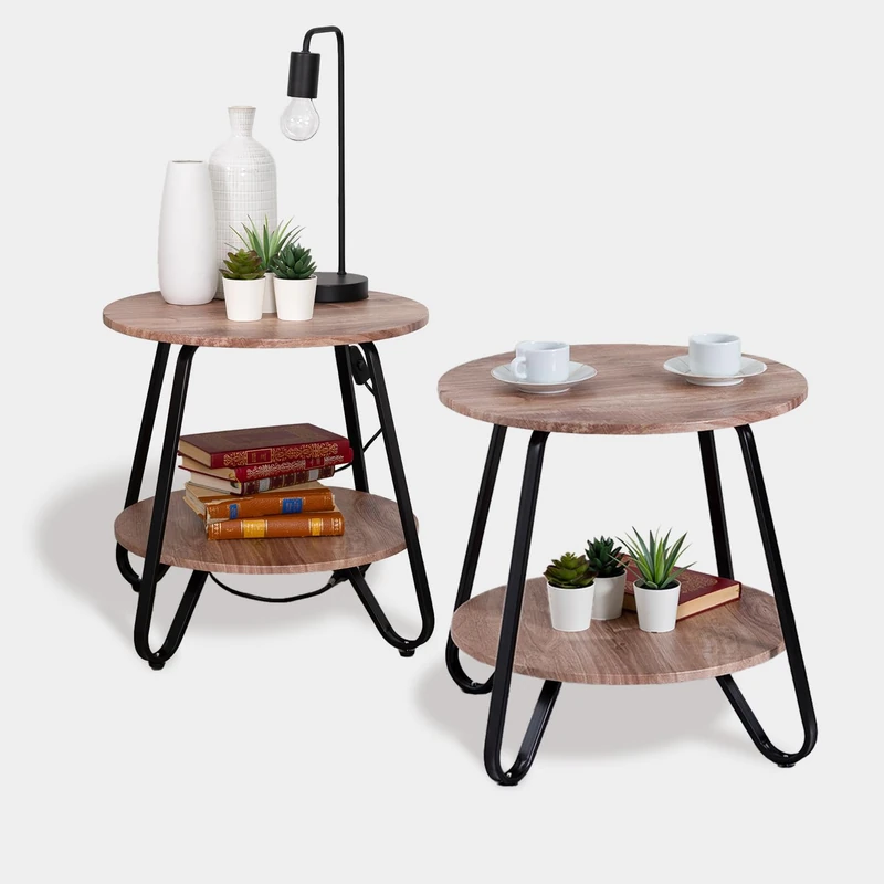 MEUBLE COSY Bedside Tables, End Tables for Living Room, Bedroom and Office with Sturdy Steel Frame Plywood, Light Brown Set of 2 - Image 1