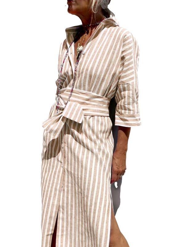 utcoco Womens 2025 Shirt Dress Casual Lapel 3/4 Sleeve Button Down Split Belted Vacation Maxi Dress, Light Brown Striped, L