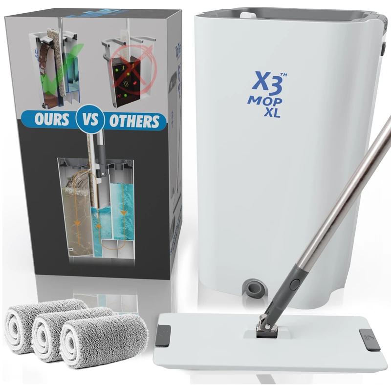 X3 Mop XL, Separates Dirty and Clean Water, 3-Chamber Design, Flat Mop and Bucket Set, Hands Free Home Floor Cleaning, 3 Reusable Microfiber Mop Pads Included