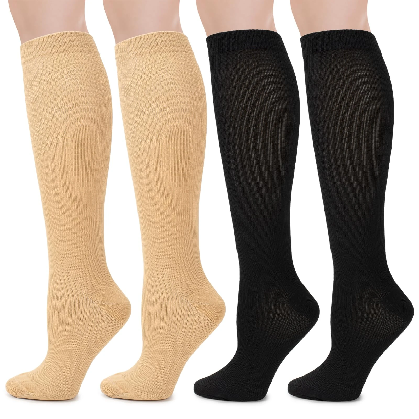 2 Pairs Compression Socks for Women Men, Flight Compression Stocking Socks, knee-high support socks Varicose Veins Socks Pressure Socks Travel Socks for Women Pregnancy (Black+Khaki, L/XL)